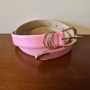 Pink Faux Leather Belt, Gold Triple Ring Buckle, Medium
